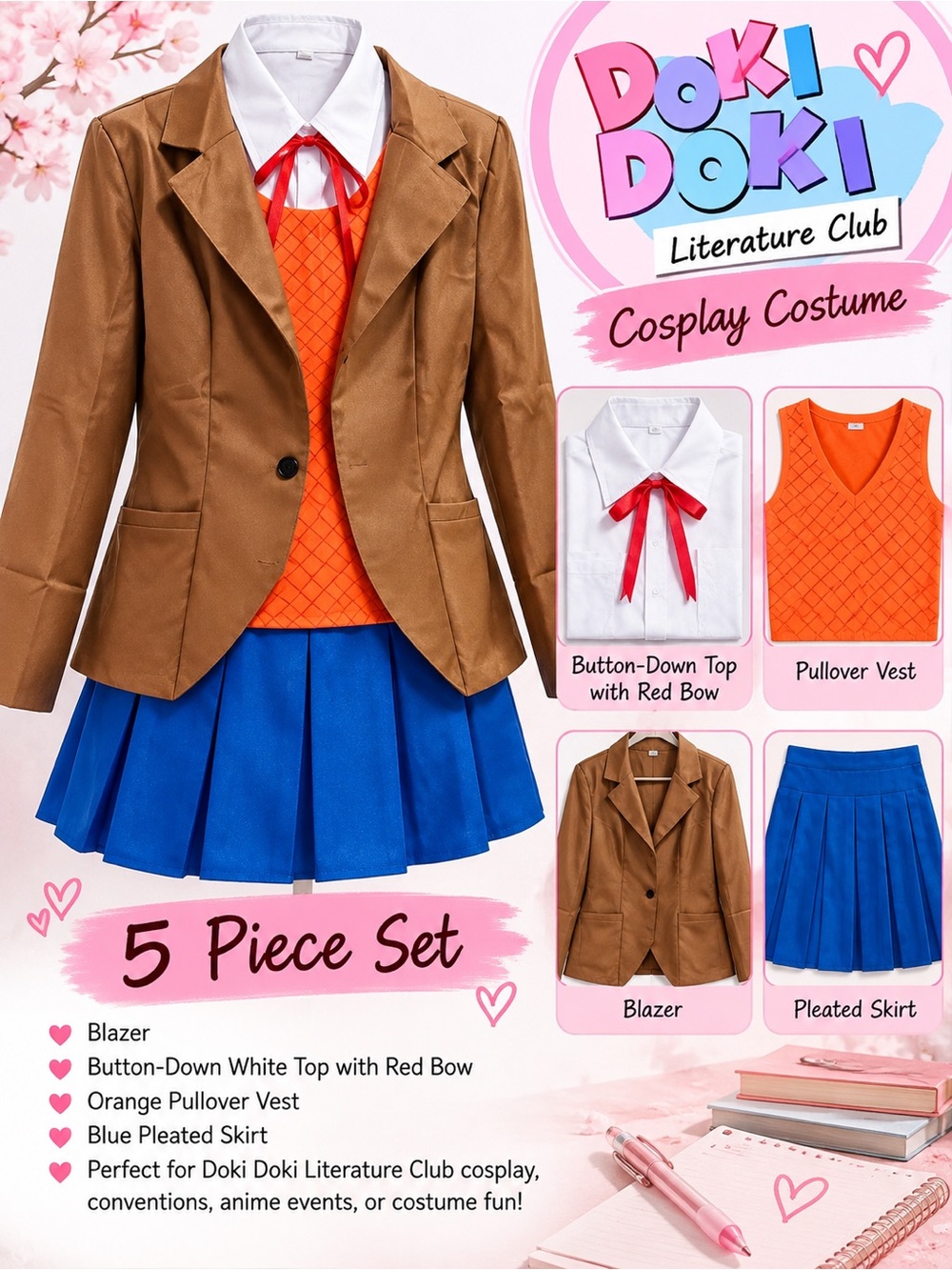 Doki Literature Club Monika Cosplay Costume Blue & Brown